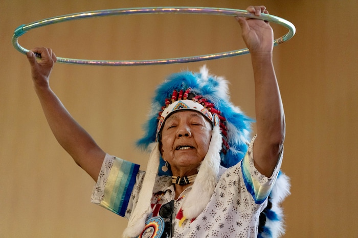 (Francisco Kjolseth | The Salt Lake Tribune) Ute elder Larry Cesspooch performs the Ute creation story for the start of the 15th Annual Governor’s Native American Summit held on the Utah Valley University campus on Friday, Aug. 6, 2021.