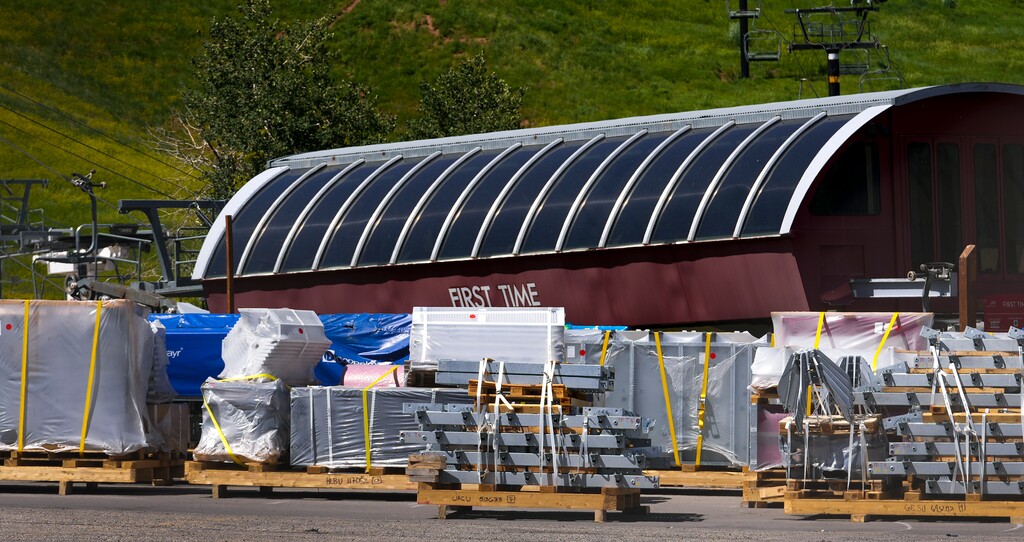 (Leah Hogsten | The Salt Lake Tribune) Parts for building a new Eagle lift at Park City Mountain Resort lie scattered around the resorts parking lot, Thursday, July 7, 2022. Residents blocked the resort from being able to install the lift because of discrepancies in resort capacities by two firms. The Park City Planning Commission agreed with the residents and on Monday a judge denied an appeal of the commission's decision.