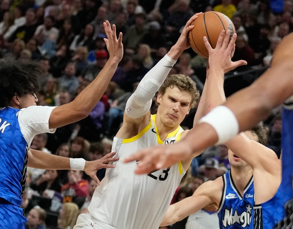 (Francisco Kjolseth  |  The Salt Lake Tribune) Utah Jazz forward Lauri Markkanen (23) pushes past the defense as the Utah Jazz host the Orlando Magic during NBA basketball in Salt Lake City on Thursday, Nov. 2, 2023.
