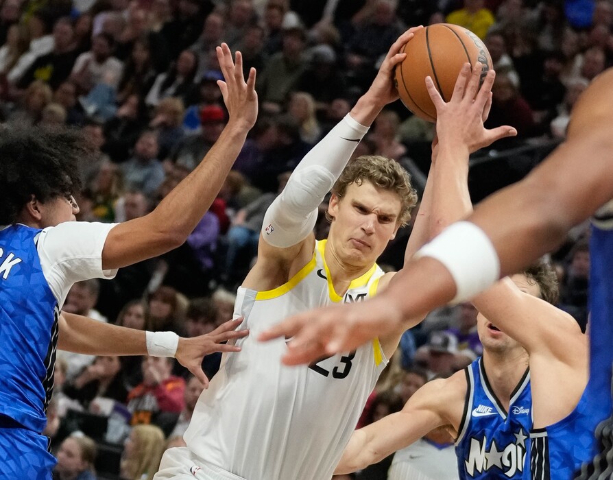 (Francisco Kjolseth  |  The Salt Lake Tribune) Utah Jazz forward Lauri Markkanen (23) pushes past the defense as the Utah Jazz host the Orlando Magic during NBA basketball in Salt Lake City on Thursday, Nov. 2, 2023.