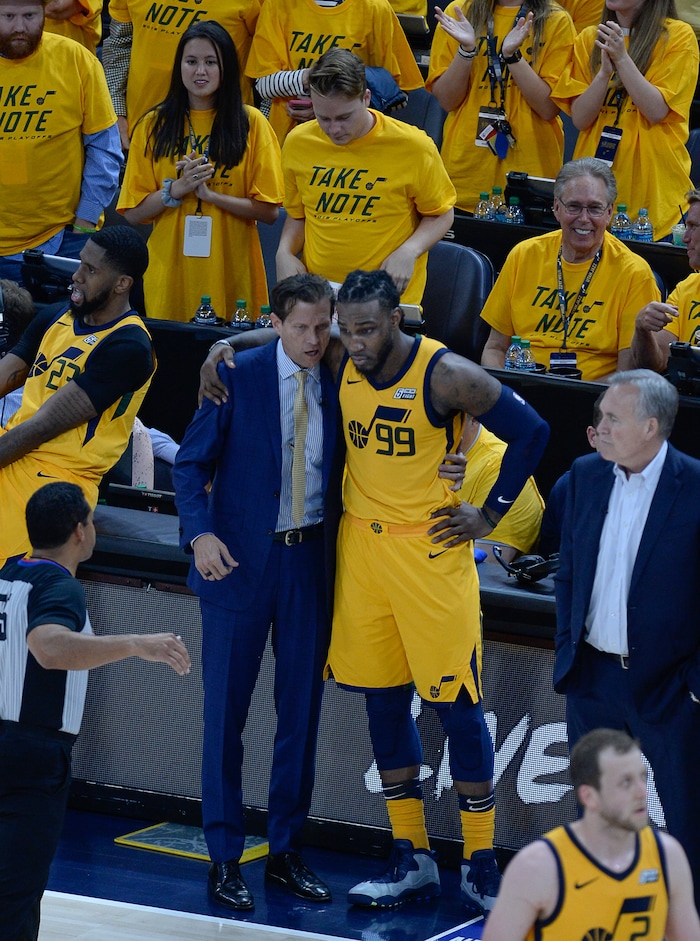 (Francisco Kjolseth | The Salt Lake Tribune) Utah Jazz coach Quin Snyder speaks with Utah Jazz forward Jae Crowder (99) during the final minutes of their game against the Houston Rockets in Game 4 of the NBA playoffs at the Vivint Smart Home Arena Sunday, May 6, 2018 in Salt Lake City. Houston took a 3-1 series lead over the Jazz with a final score of 100 to 87.