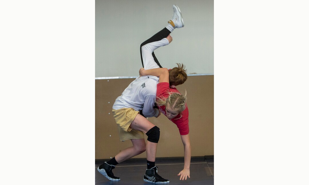 (Rick Egan | The Salt Lake Tribune)   Sage Mortimer wrestles Andrew Fox, during practice, at American Leadership Academy, Thursday, Feb. 4, 2021.