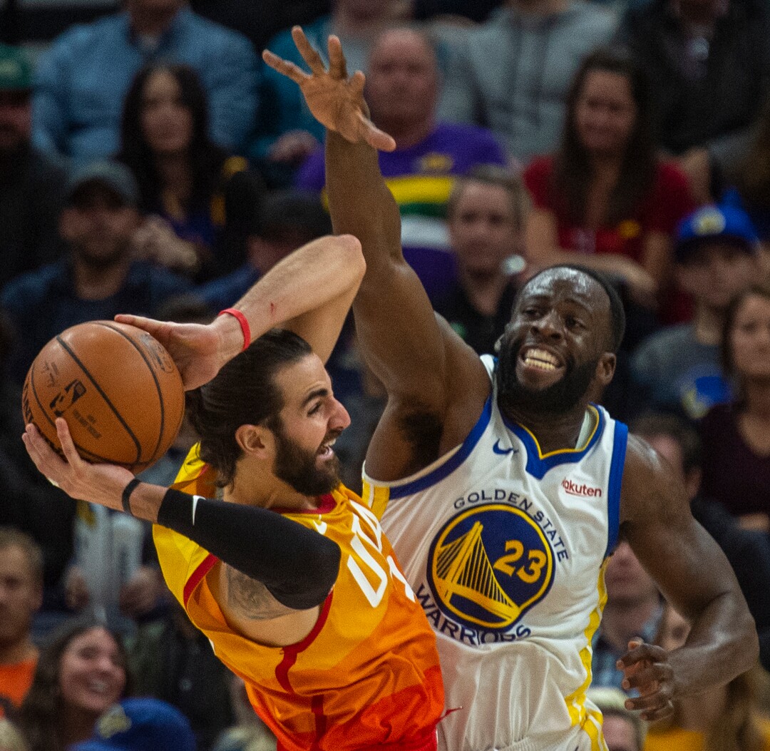 (Rick Egan  |  The Salt Lake Tribune)  Utah Golden State Warriors guard Stephen Curry (30) puts pressure on Utah Jazz guard Ricky Rubio (3), in NBA action between Utah Jazz and Golden State Warriors, in Salt Lake City, Wednesday, Dec. 19, 2018.