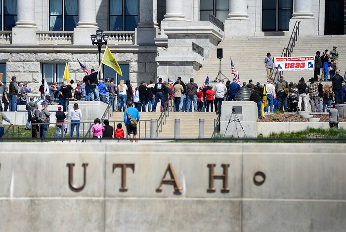 (Scott Sommerdorf | The Salt Lake Tribune)
A group calling themselves Citizens and Students For Liberty (SFL) gathered at the Utah State Capitol on Saturday to show their support for the Second Amendment, Saturday, April 14, 2018.
