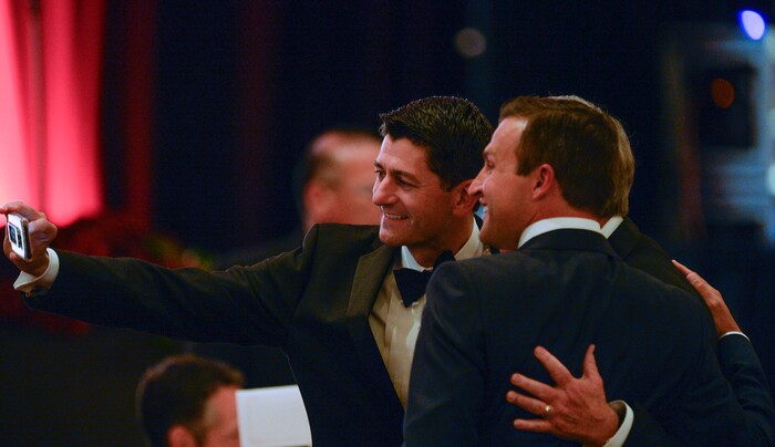 Leah Hogsten | The Salt Lake Tribune
U. S. House Speaker Paul Ryan poses for pictures before delivering the keynote address during a ceremony honoring Utah Senator Orrin G. Hatch, Saturday, June 9, 2018, at the Grand America Hotel in Salt Lake City. The Salt Lake Chamber awarded Sen. Hatch with the 39th Giant in Our City, for his exceptional and distinguished service and extraordinary professional achievement throughout his political career.