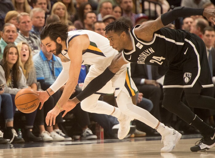 (Rick Egan  |  The Salt Lake Tribune) Utah Jazz guard Ricky Rubio (3) steals the ball from Brooklyn Nets forward Rondae Hollis-Jefferson (24), in NBA action, Utah Jazz vs. Brooklyn Nets, in Salt Lake City, Saturday, November 11, 2017.