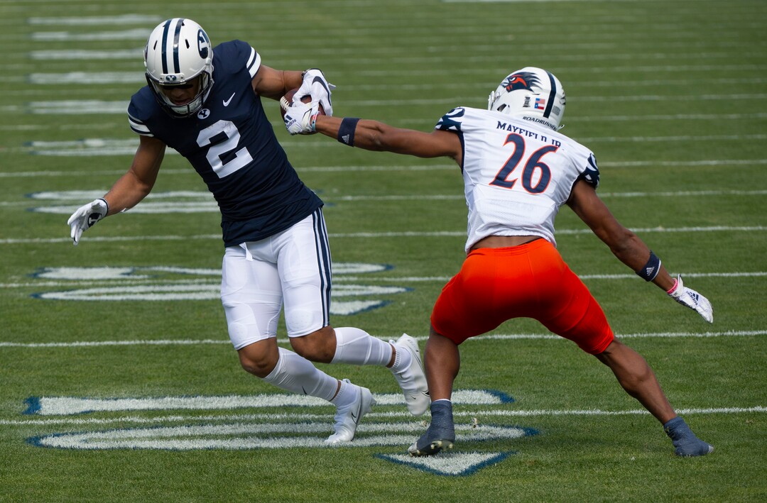 (Rick Egan  |  The Salt Lake Tribune)    Brigham Young Cougars wide receiver Neil Pau'u (2) has the ball stripped by UTSA Roadrunners cornerback Corey Mayfield Jr. (26), resulting in a fumble, in football action between the Brigham Young Cougars and the UTSA Roadrunners, at Lavell Edwards stadium, Saturday, Oct. 10, 2020.