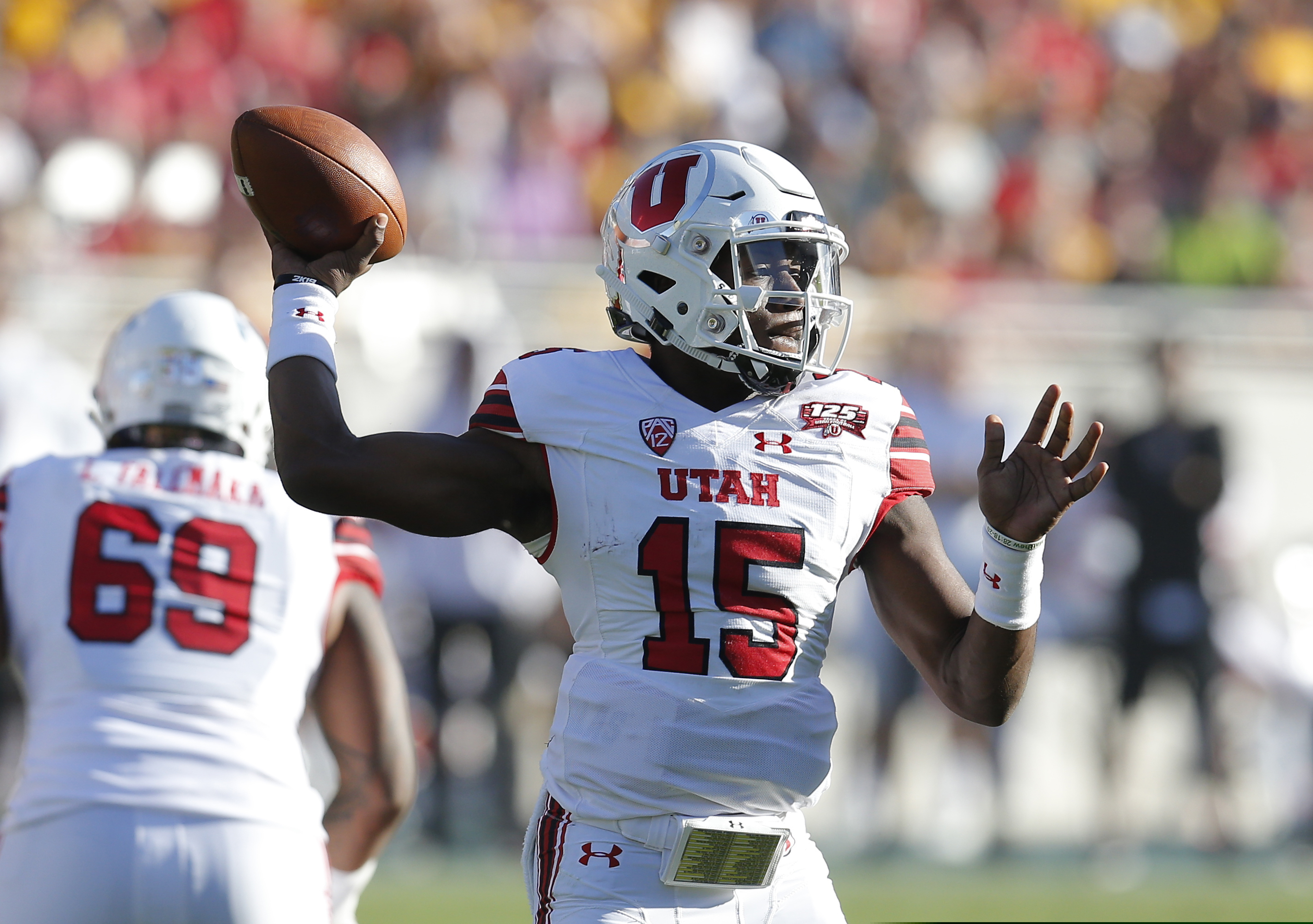 FILE - In this Nov 3, 2018, file photo, Utah quarterback Jason Shelley (15) throws during an NCAA college football against Arizona State, in Tempe, Ariz. The big question facing Utah when it hosts Oregon is whether Jason Shelley can pick up where Tyler Huntley left off. Shelley, a redshirt freshman, will make his first career start Saturday against the Ducks in place of Huntley, who broke his collarbone late in the third quarter of Utah's 38-20 loss last week to Arizona State. (AP Photo/Rick Scuteri, File )