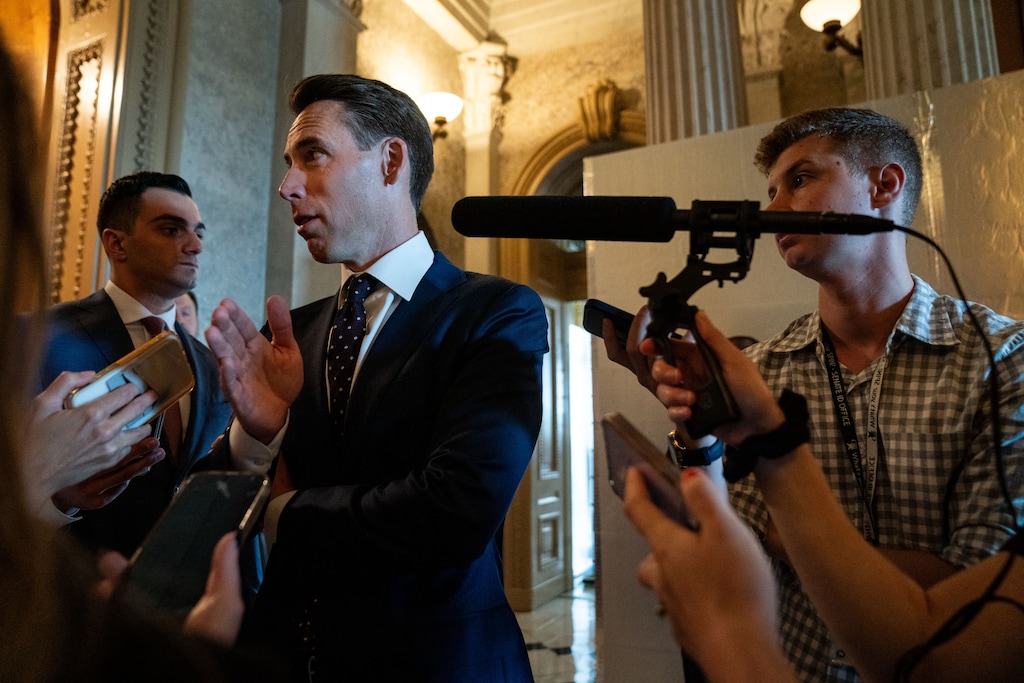 (Kent Nishimura | The New York Times) Sen. Josh Hawley (R-Mo.), one of the sponsors of a measure to extend and expand a program granting compensation to victims of government-caused nuclear contamination, speaks to reporters at the Capitol in Washington, Sept. 6, 2023. Congress is balking at the hefty price tag for the updated Radiation Exposure Compensation Act.
