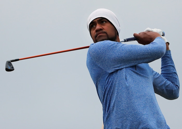 Tony Finau of the US plays his tee shot from the 9th hole during the second round of the British Open Golf Championship at the Royal Troon Golf Club in Troon, Scotland, Friday, July 15, 2016. (AP Photo/Ben Curtis)