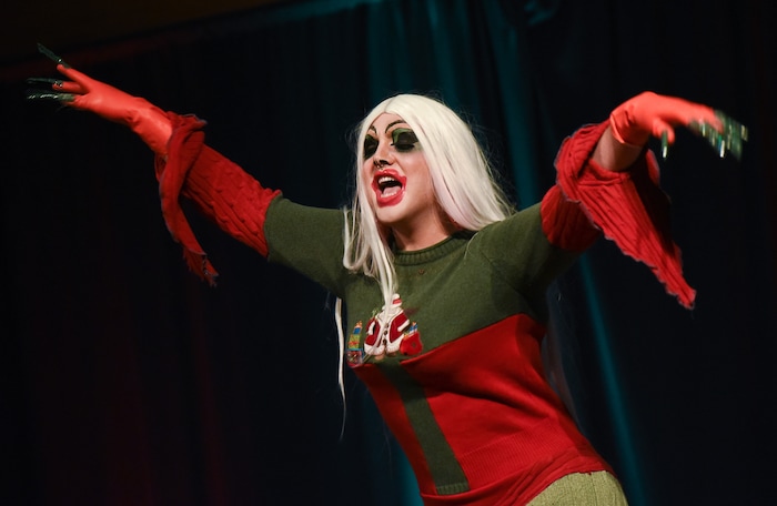 (Francisco Kjolseth  |  The Salt Lake Tribune)  Jake Hogan lips syncs through a number of short musical numbers as Nancy Raygun, his drag queen persona during a number of spirited performances by drag queens and kings at Utah State University recently. 
