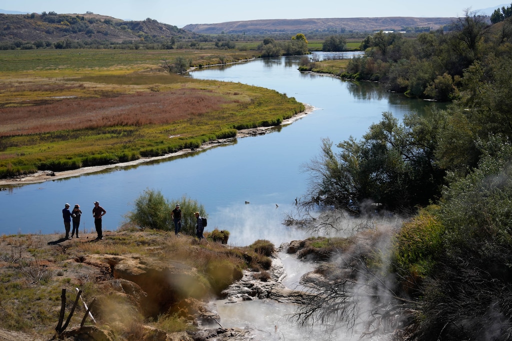 (Francisco Kjolseth | The Salt Lake Tribune) Super heated waters bubble to the surface on Thursday, Oct. 6, 2022, on the Bear River near Preston, Idaho, the site of the Bear River Massacre in which a village of Shoshone were attacked in 1863 and experienced the largest slaughter of Indigenous people in the nation’s history. The Shoshone acquired the site in 2018 with plans to turn it into a place of healing.
