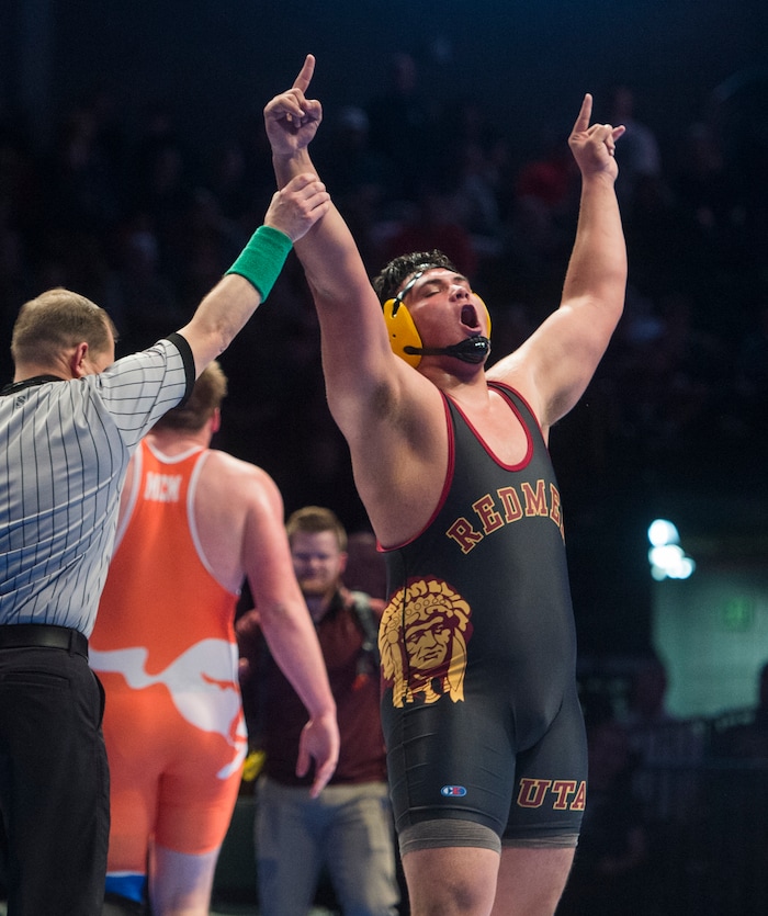 (Rick Egan  |  The Salt Lake Tribune)   Daniel Jordan (Cedar City) reacts as he is declared the winner over Eli Wells (Mountain Crest)  (Dec 4-2) in the 285 weight class in the 4A State Wrestling at UVU in Orem, Saturday, February 10, 2018.