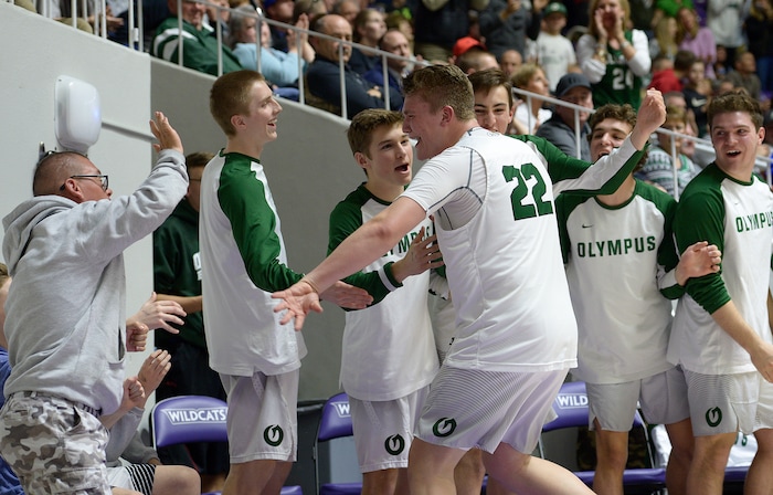 Leah Hogsten  |  The Salt Lake TribuneOlympus's Spencer Jones (22) is congratulated for his play by the bench after he got into foul trouble and had to leave the game. Olympus High School defeated Corner Canyon High School 76-72 during their 4A State boysÕ basketball semifinal playoff game at Weber State University's Dee Events Center, Friday, March 3, 2017.
