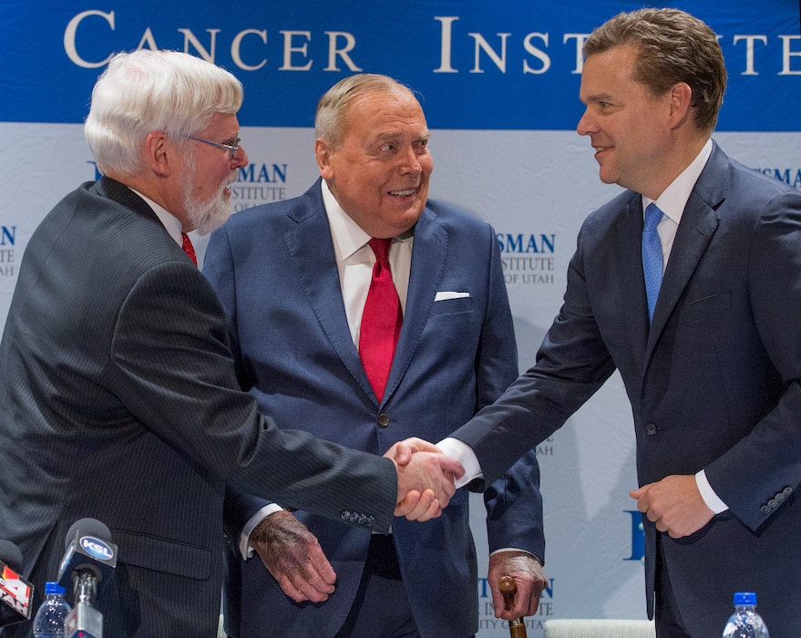 (Leah Hogsten  |  The Salt Lake Tribune) l-r University of Utah President David Pershing, Jon Huntsman, Sr. and Peter Huntsman, CEO of the Huntsman Cancer Foundation. Officials at the University of Utah and Huntsman Cancer Institute have resolved a months-long dispute over management and finances of HCI. The university agreed to pay $68 million to the institute, to be distributed in installments. In return, the Huntsman Cancer Foundation recommitted to providing $120 million in new donations by 2025 and agreed to a detailed formula for how Huntsman Cancer Hospital revenues will be shared with the U. Health Care system and the Huntsman Cancer Institute. 