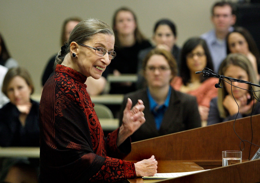 Supreme Court Justice Ruth Bader Ginsburg speaks to students at New England Law School in Boston Friday, March 13, 2009. Ginsburg said advice and camaraderie from her fellow justices have helped her in her fight against pancreatic cancer. The 75-year-old had surgery last month to remove a small malignant tumor but returned to the bench without missing a day of work. (AP Photo/Elise Amendola)