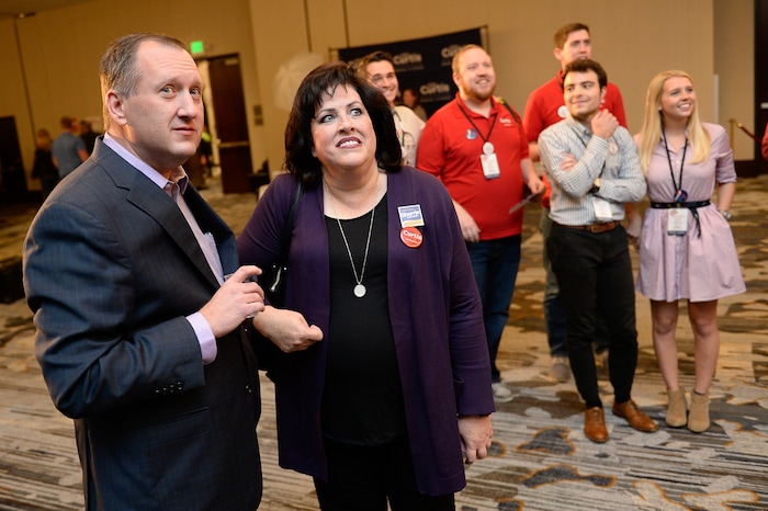 (Francisco Kjolseth  |  The Salt Lake Tribune)  State Auditor John Dougall and Provo mayoral candidate Sherrie Hall Everett see the first election results trickle in at the Provo Marriott Hotel & Conference Center Tuesday, Nov. 7, 2017.