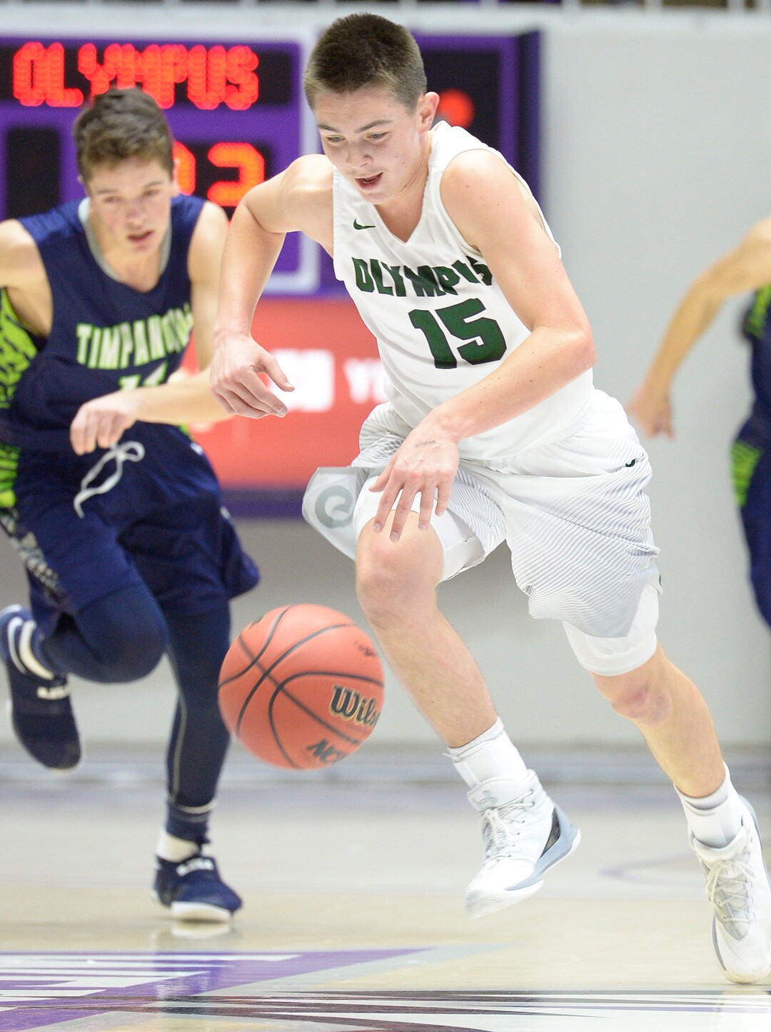 Leah Hogsten  |  The Salt Lake TribuneOlympus' Rylan Jones takes off with a Timpanogos turn over. Olympus High School leads Timpanogos High School 53-27 during their 4A State boysÕ basketball quarterfinal playoff game at Weber State University's Dee Events Center, Thursday, March 2, 2017.
