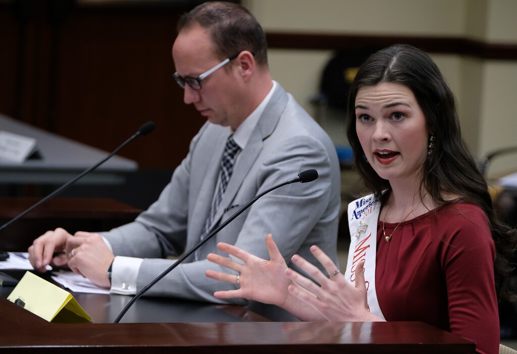 (Francisco Kjolseth  |  The Salt Lake Tribune)  Miriam Hall, Miss Springville-Mapleton, who's service platform is "Education on the Harms of Pornography," goes before the House Education Standing Committee at the Utah Capitol on Tuesday, Feb. 20, 2018, to speak in support of HB286 which amends provisions to health and sex education. The bill is sponsored by Rep. Justin Fawson, R-North Ogden, at left. 