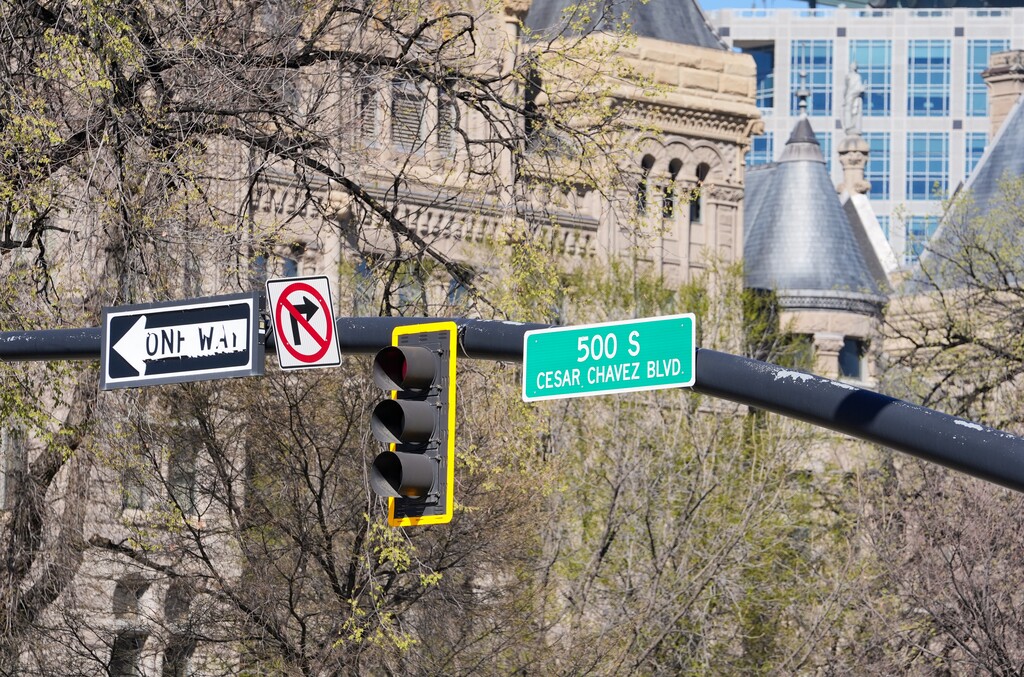 (Chris Samuels | The Salt Lake Tribune) A sign for Cesar Chavez Blvd. in Salt Lake City, Thursday, March 19, 2026.