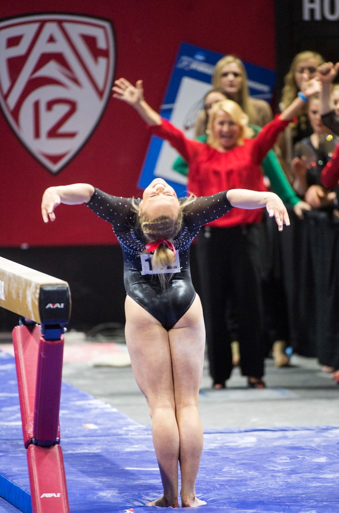 Rick Egan  |  The Salt Lake TribuneMaddy Stover completes her balance beam routine, in the NCAA Regional Championships, at the Huntsman Center, Saturday, April 2, 2016.