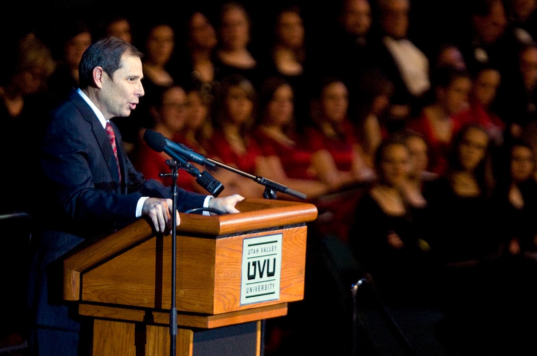 (Tribune file photo)  Provo Mayor John Curtis speaks during a memorial for the Provo Tabernacle before the performance of Gloria at Utah Valley University in Orem, Sunday, Dec. 19, 2010. The piece was going to be performed at the tabernacle before it was destroyed in a fire.