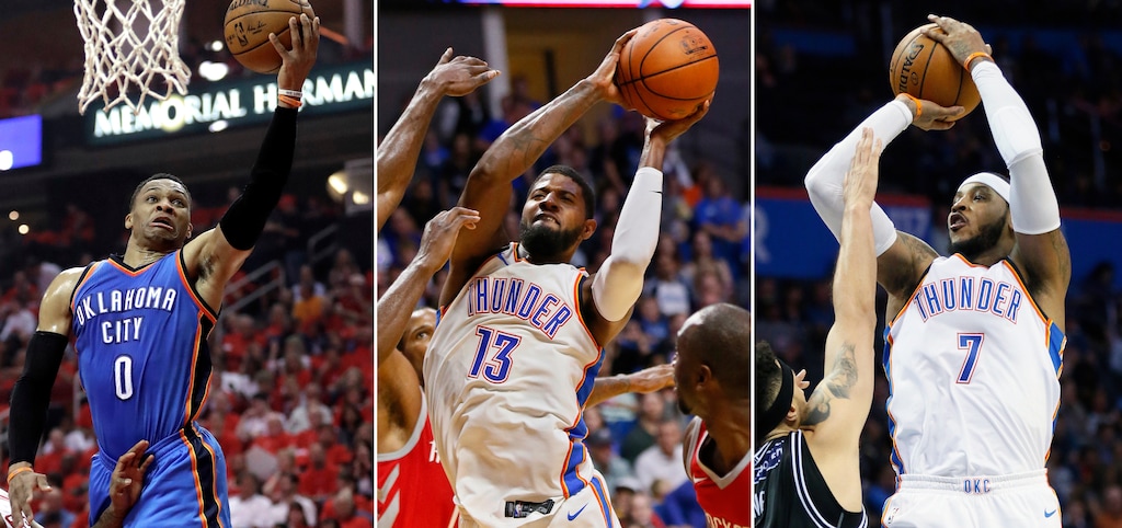 FILE - At left, in an April 25, 2017, file photo, Oklahoma City Thunder's Russell Westbrook (0) goes up for a shot against the Houston Rockets during the first half in Game 5 of an NBA basketball first-round playoff series, in Houston. At center, in an Oct. 3, 2017, file photo, Oklahoma City Thunder forward Paul George (13) shoots between Houston Rockets defenders during the third quarter of an NBA preseason basketball game in Tulsa, Okla. At right, in an Oct. 8, 2017, file photo, Oklahoma City Thunder forward Carmelo Anthony (7) shoots over Melbourne United center Josh Boone (3) in the third quarter of an NBA exhibition basketball game in Oklahoma City. Westbrook is a two-time scoring champion, two-time All-Star MVP and the reigning league MVP. Anthony is a 10-time All-Star and three-time Olympic gold medalist. George is a four-time All-Star, former Most Improved Player and an Olympic gold medalist. None of the new Oklahoma City Thunder teammates have an NBA title. (AP Photo/File)