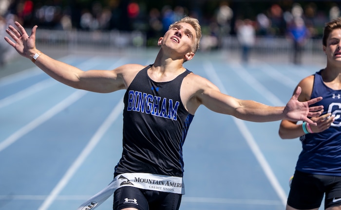 (Rick Egan | The Salt Lake Tribune)  Cody Hone from Bingham, reacts as he wins the 6A boys 400 meter dash, in the State High School Championship Track Meet at BYU, on Saturday, May 21, 2022.
