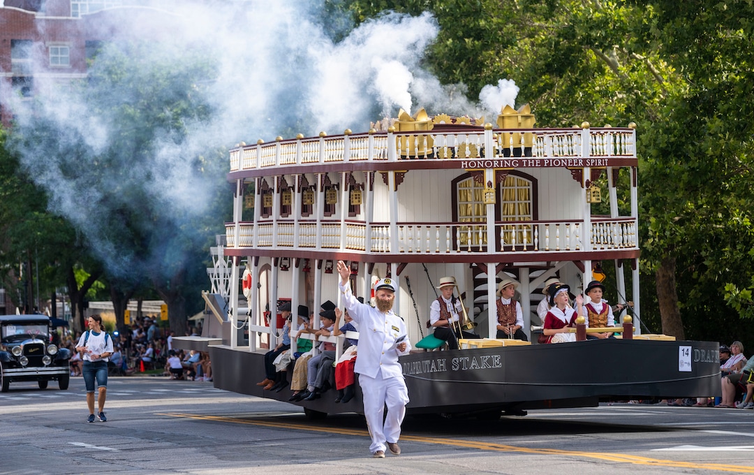 (Rick Egan | The Salt Lake Tribune) The Draper Stake's "Maid of Iowa" float, in the Days of '47 Parade, in Salt Lake City, on Friday, July 23, 2021.