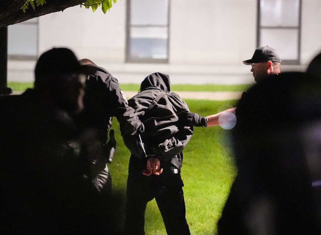 (Chris Samuels | The Salt Lake Tribune) A protester is arrested during a demonstration in support of Palestine at the University of Utah, Monday, April 29, 2024.