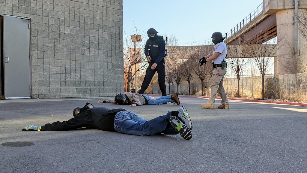(Paighten Harkins | The Salt Lake Tribune) Police cadets participate in simulation training on Dec. 2, 2020, at the Peace Officer Standards and Training academy at the Salt Lake Community College Miller Campus in Sandy. Experts say improved training could be one way to reduce the number of police shootings.
