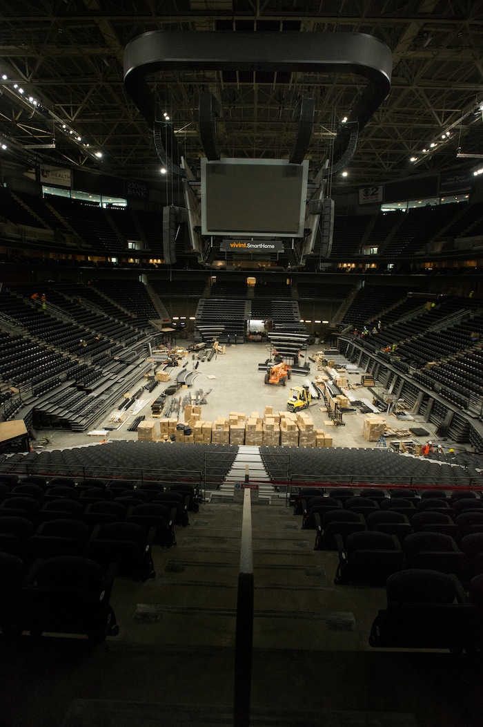 (Rick Egan  |  The Salt Lake Tribune)  Workers put the finishing touches on the remodel of the Vivint Smart Home Arena, It should be finished in one more week. Friday, September 15, 2017.


