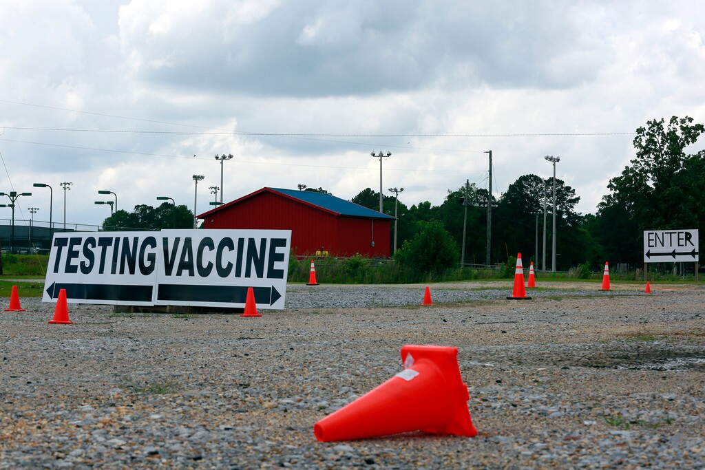 (Elijah Baylis | The New York Times)

Road cones line the nearly empty parking lot of a drive-thru coronavirus vaccination site in Forest, Miss., June 9, 2021.