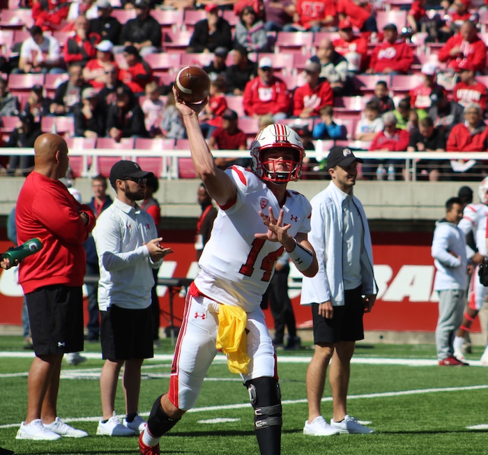 (Christopher Kamrani | The Salt Lake Tribune) Utah quarterback Jack Tuttle warms up prior to Utah's Red-White game Saturday afternoon at Rice-Eccles Stadium.
