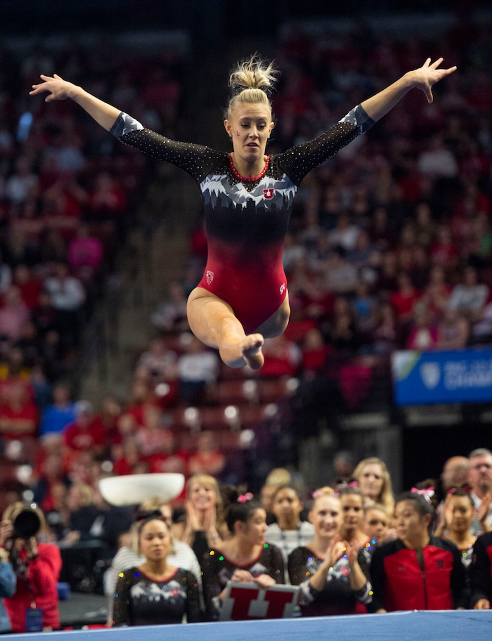 (Rick Egan  |  The Salt Lake Tribune)    MaKenna Merrill-Giles competes on the floor for Utah, in the PAC-12 Gymnastics Championships at the Maverik Center, Saturday, March 23, 2019.


