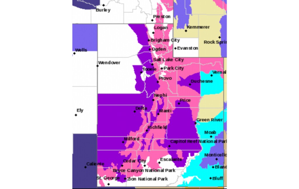 (National Weather Service) The pink portion of the map is under a winter storm warning, with snow expected in the mountains, according to the National Weather Service.