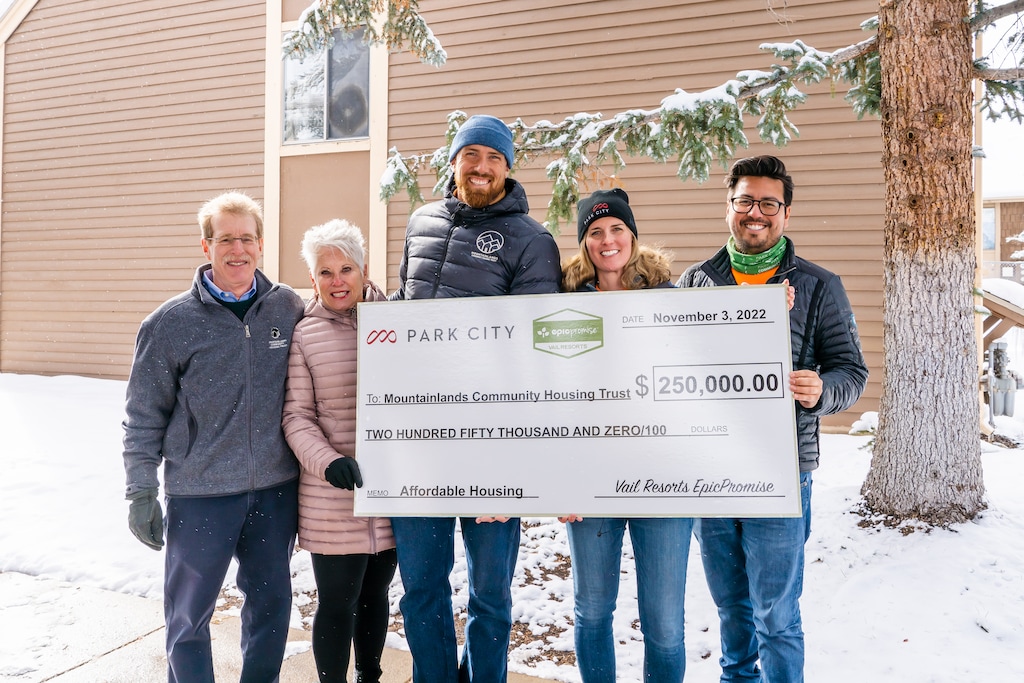 Park City Mountain
Deirdra Walsh, second from right, the vice president and chief operating officer of Park City Mountain presents a check for $250,000 to the Mountainlands Community Housing Trust on Nov. 3, 2022. The money, divvied out over three years, will go toward an affordable housing project near the resort. Bob Richer, left, the president of the Mountainlands board of directors, and Pat Matheson, center, Mountainlands' executive director, accepted the donation. Also pictured are Deb Hartley, the executive director of Bridge 21 Park City, and Diego Zegarra, right, vice president of equity and impact at Park City Community Foundation.