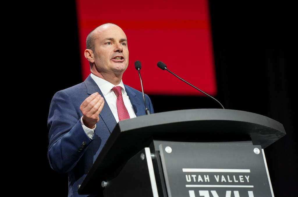 (Bethany Baker | The Salt Lake Tribune) U.S. Senator Mike Lee speaks at the State Organizing Convention for the Utah Republican Party at Utah Valley University in Orem on Saturday, May 17, 2025.