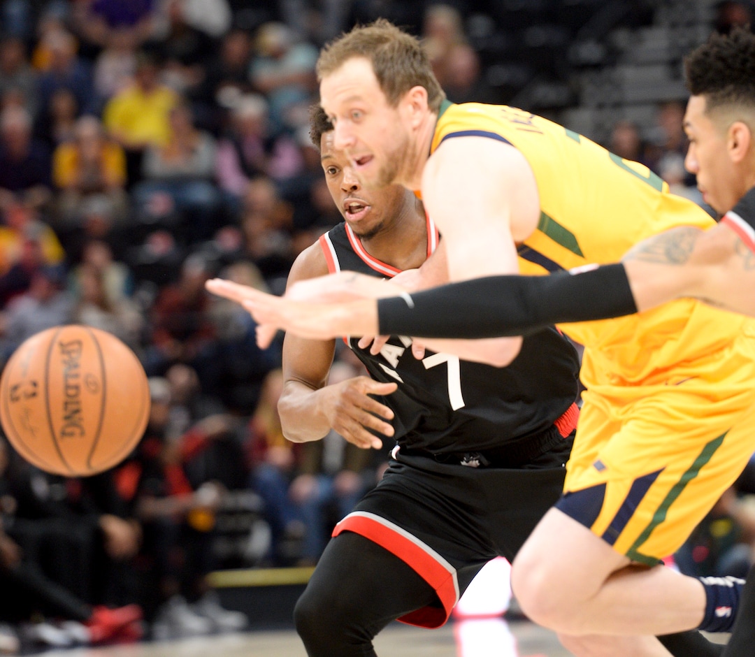 Leah Hogsten  |  The Salt Lake Tribune  Utah Jazz forward Joe Ingles (2) pulls in the loose ball before Toronto Raptors guard Kyle Lowry (7) as the Utah Jazz host the Toronto Raptors, Monday, Nov. 5, 2018 at  Vivint Smart Home Arena.