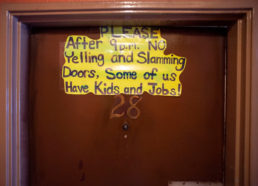 (Rick Egan | The Salt Lake Tribune)     Being one of the few families with kids in the complex, the Gardner family posted this sign on their door at the Georgia apartments, Saturday, Feb. 16. 2019