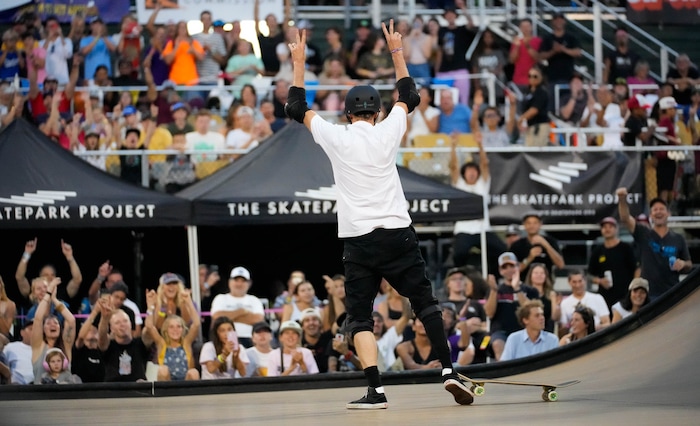 (Francisco Kjolseth | The Salt Lake Tribune) Iconic skateboarder Tony Hawk makes his exit after returning to the ramp to skate in public for the first, and possibly last, time since breaking his femur in March during the “Legends Demo” at his Tony Hawk Vert Alert big-air skateboarding competition at the Utah Sate Fairpark on Friday, Aug. 26, 2022. 
