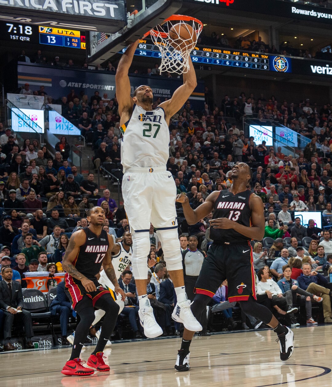 (Rick Egan  |  The Salt Lake Tribune)     Utah Jazz center Rudy Gobert (27) dunks the ball, in NBA action between Utah Jazz and Miami Heat, at Viint Smart Home Arena Wednesday, Dec. 12, 2018.