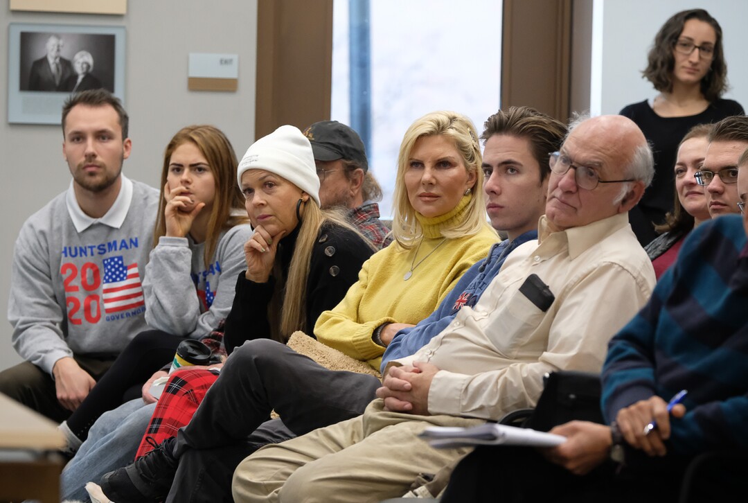 (Francisco Kjolseth  |  The Salt Lake Tribune)  Former Utah Governor and Ambassador Jon Huntsman speaks at the Hinckley Institute of Politics on the University of Utah campus on Thursday, Dec. 5, 2019, as his sister Christena Huntsman Durham, center left, and his wife Mary Kaye join other students the public and family for the discussion of his long career in public service spanning from UtahÕs GovernorÕs Mansion to Chinese and Russian ambassadorships and examine the increasing significance Utah plays in our globalized world.