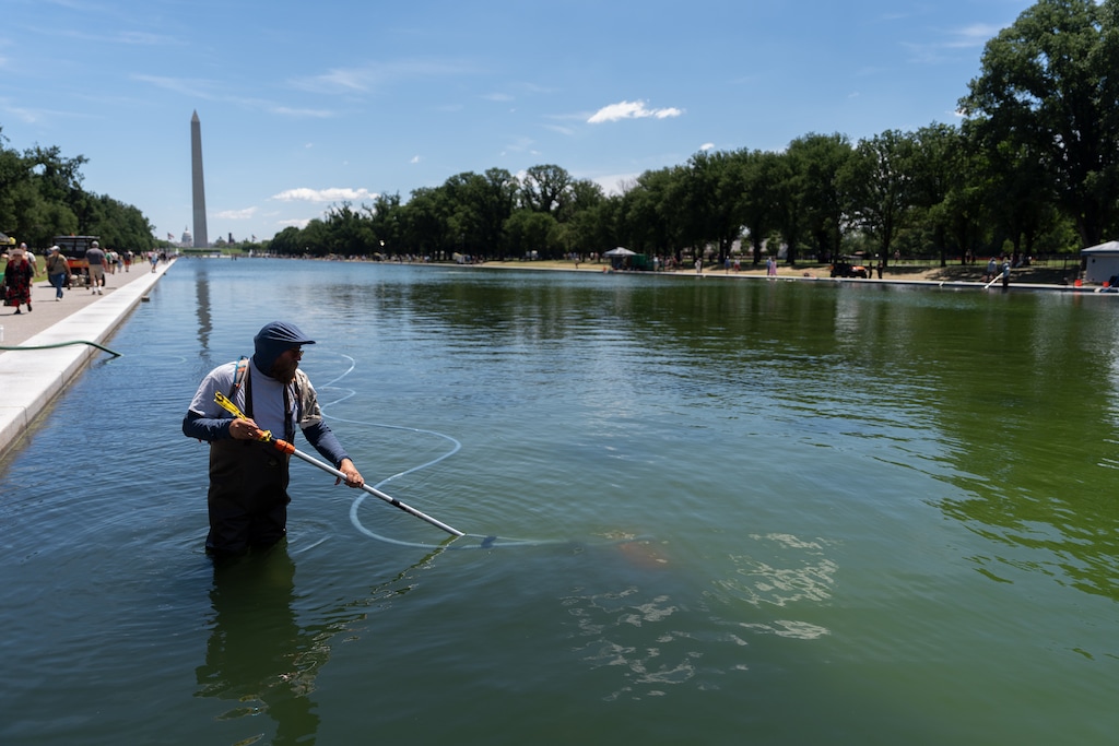 A National Park Service employee uses a vacuum to clean the Lincoln Memorial Reflecting Pool, Saturday, June 20, 2026, in Washington. (AP Photo/Mark Schiefelbein)