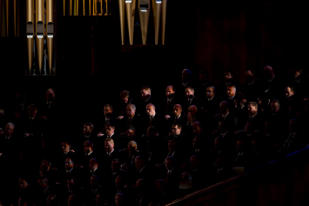 (Jeremy Harmon  |  The Salt Lake Tribune)  Members of the Tabernacle Choir listen to a talk during Sunday morning session of General Conference on April 1, 2018.