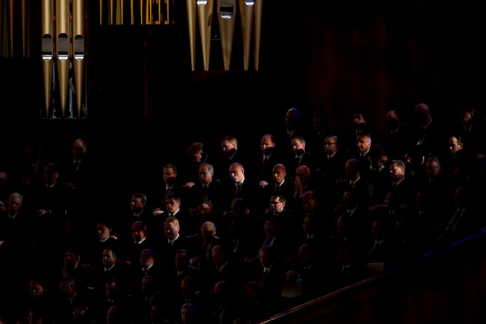 (Jeremy Harmon  |  The Salt Lake Tribune)  Members of the Tabernacle Choir listen to a talk during Sunday morning session of General Conference on April 1, 2018.