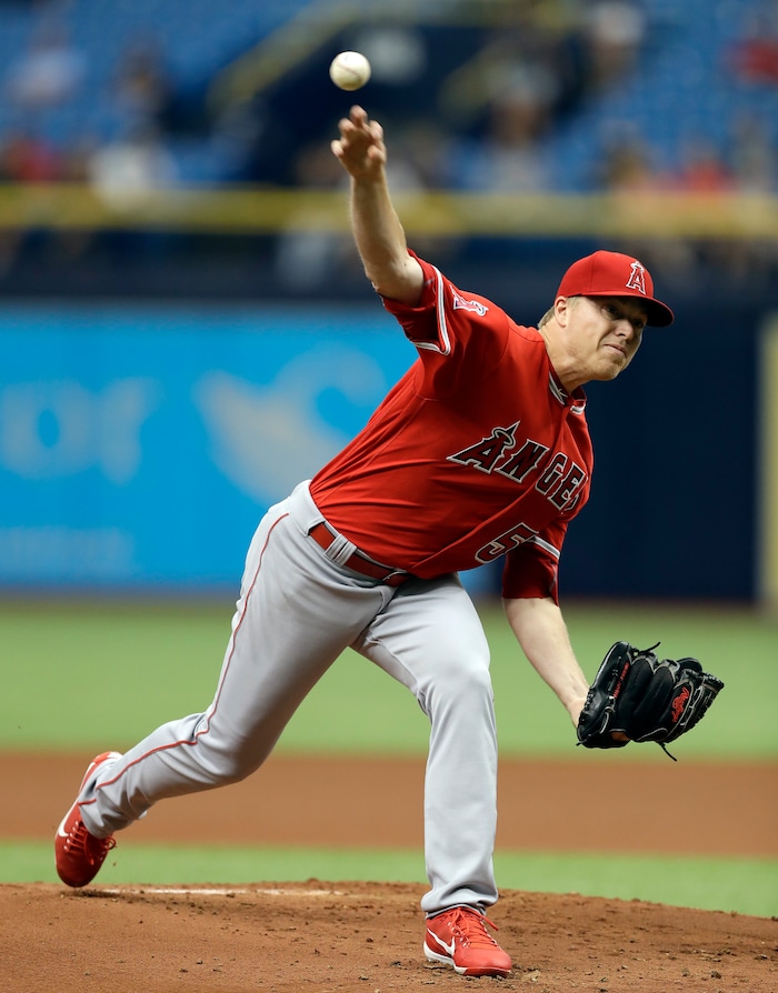 Los Angeles Angels' Daniel Wright pitches to the Tampa Bay Rays during the first inning of a baseball game Thursday, May 25, 2017, in St. Petersburg, Fla. (AP Photo/Chris O'Meara)