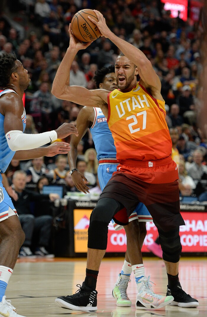 (Francisco Kjolseth  |  The Salt Lake Tribune)  Utah Jazz center Rudy Gobert (27) battles for a rebound against the Kings in the NBA game at Vivint Smart Home Arena Wed., Nov. 21, 2018, in Salt Lake City.