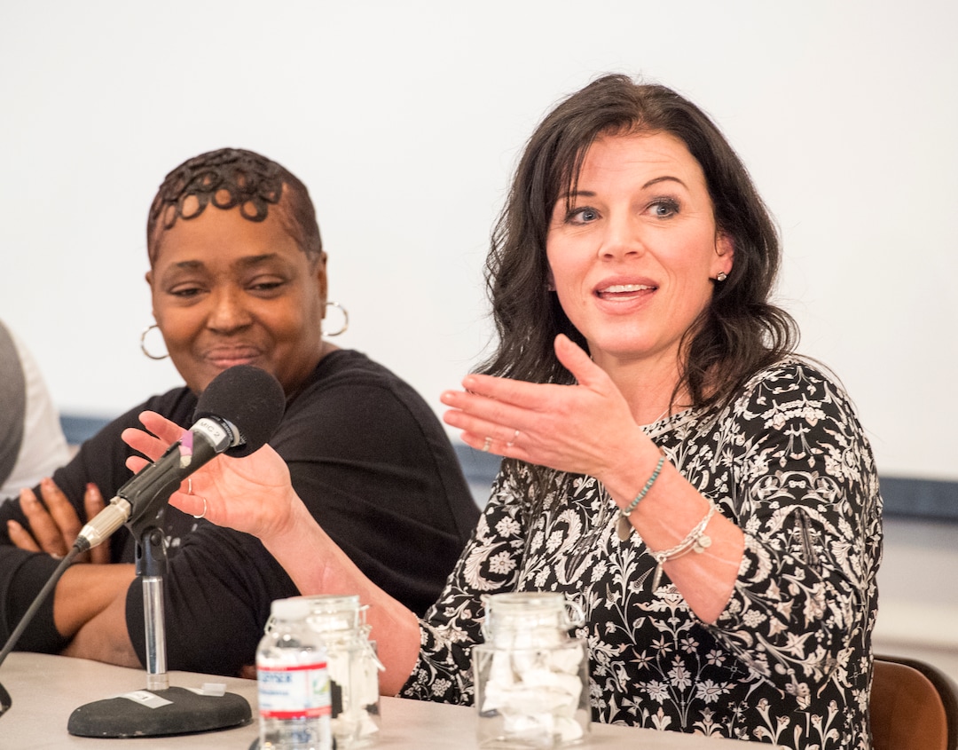 (Rick Egan  |  The Salt Lake Tribune)       Kimberli Kocherhans speaks as part of a survivors panel during the "Love Heals" forum on sex trafficking at St. Mark's Cathedral Friday, March 23, 2018.