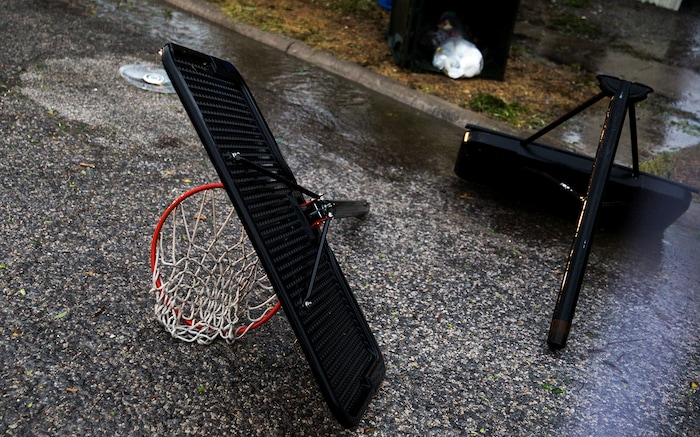 (Nick Wagner | Austin American-Statesman via AP) A basketball hoop lays in pieces as Hurricane Harvey makes landfall in Corpus Christi, Texas, on Friday, Aug. 25, 2017. Hurricane Harvey smashed into Texas late Friday, lashing a wide swath of the Gulf Coast with strong winds and torrential rain from the fiercest hurricane to hit the U.S. in more than a decade.